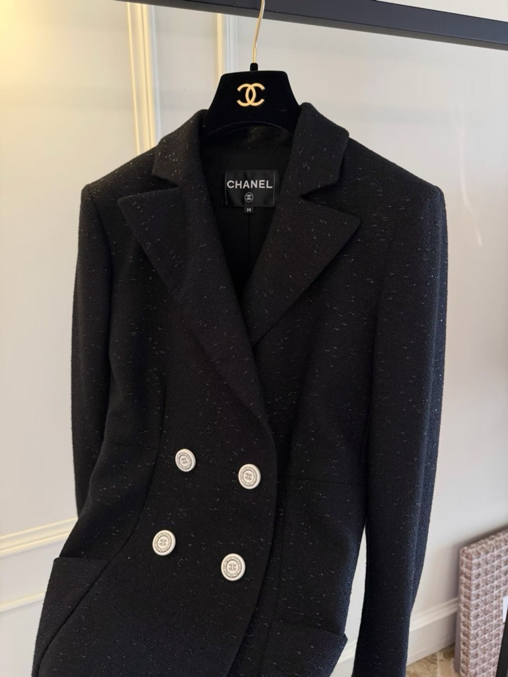 Authentic CHANEL Black Double-Breasted Tweed Blazer with Silver Buttons - Picture 2 of 9